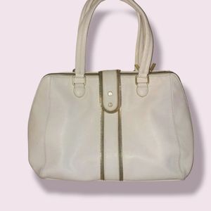 Olivia + Joy • White Faux Vegan Leather Office Computer Zip Tote Bag Gold Classy